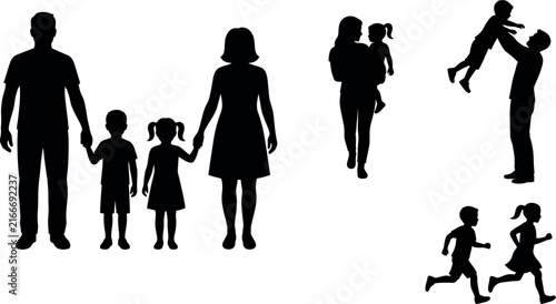 Принти на полотні Family silhouettes depict parents with children presented as a black vector illu
