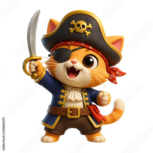 International Cat Day features a cute ginger kitten dressed as a brave buccaneer holding a small shiny sword.