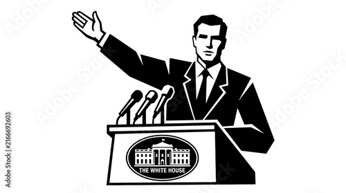 Obraz na plátne Black and white illustration of a politician giving a speech at a podium