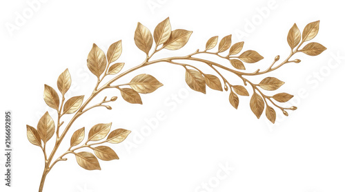 Golden decorative branch with leaves isolated on transparent background
