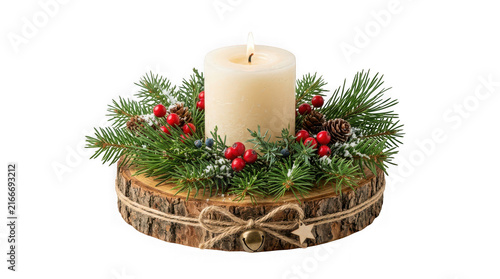 Christmas candle centerpiece with pine branches, red berries, and pinecones on a wooden slice isolated on transparent background