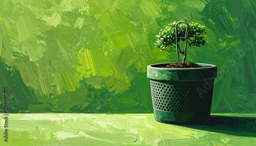 Small potted plant against green textured background.