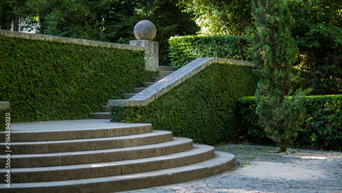 Obraz na plátne Curved Granite Steps and Stone Sphere Finial Framed by Clipped Ivy Hedges in a F