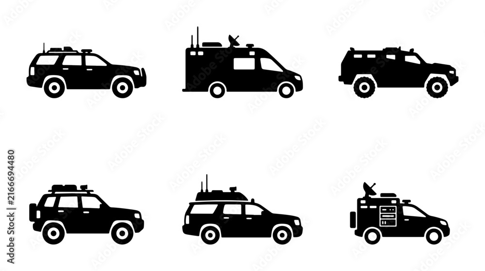 Fototapeta premium Armored Vehicle Icons, Security SUV Set, Tactical Transport Vector Collection