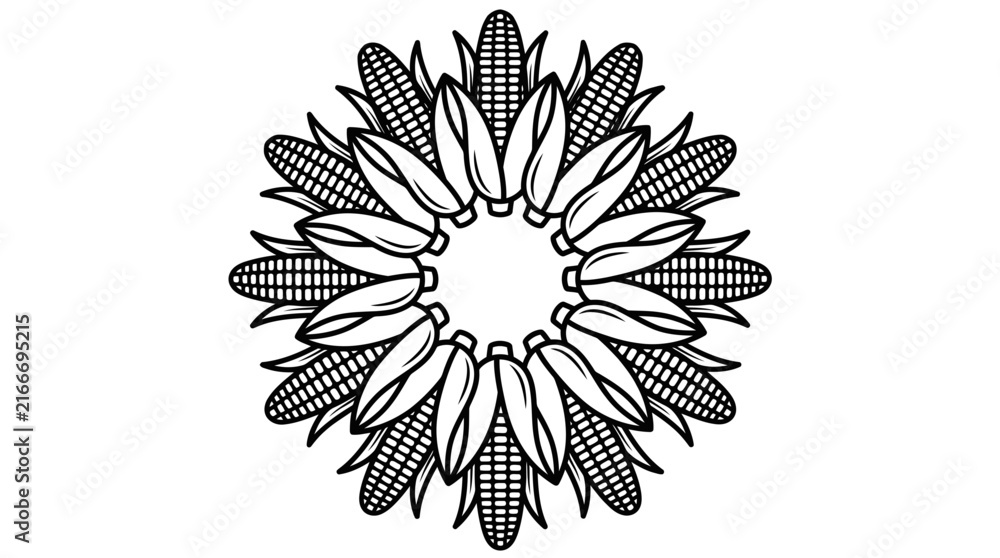 Fototapeta premium Circular Mandala Design Made of Corn Ears Line Art Ornament