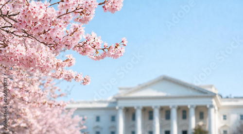 Pink cherry blossom branches framing white neoclassical building under blue sky