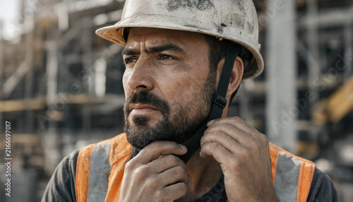 Construction worker wearing safety helmet at building site