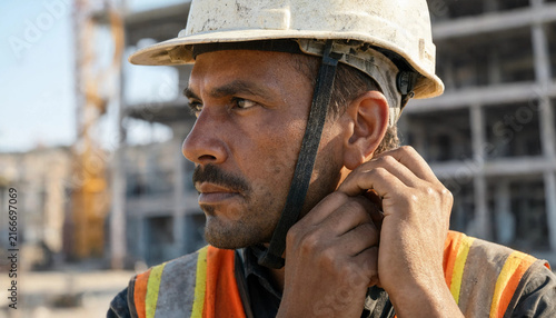 Construction worker wearing safety helmet at building site