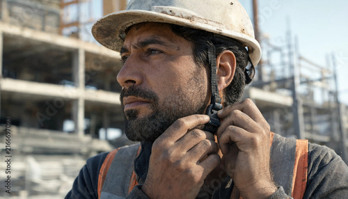 Construction worker wearing safety helmet at building site