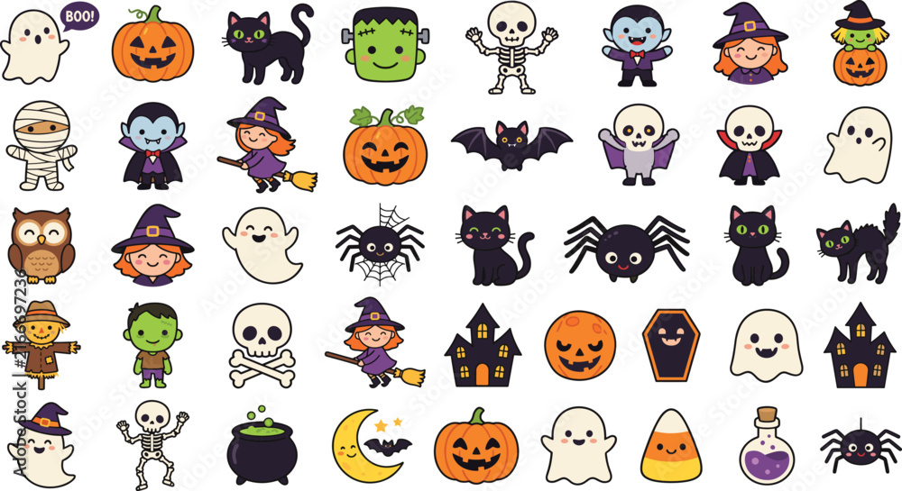 Obraz premium Set of cute halloween character illustrations including witches ghosts pumpkins bats and monsters on white background and color black with halloween, characters white background and color black