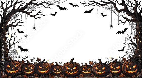 Black silhouette halloween border with pumpkins bats and bare trees