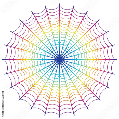 Rainbow spider web vector illustration, colorful cobweb graphic, circular geometric spiderweb pattern, vibrant spectral net design isolated on White Background halloween
