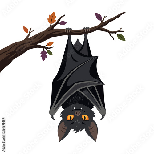 Halloween bat illustration, cute black bat hanging upside down from a tree branch, spooky autumn animal vector with fall leaves isolated on White Background halloween