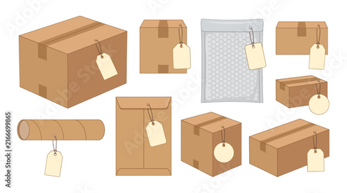 Collection of Cardboard Boxes Envelopes and Bubble Mailer with Tags for Shipping and Packaging