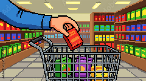 Pixel art illustration of a hand placing a product into a shopping cart in a grocery store aisle