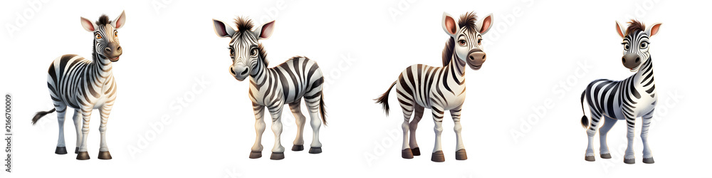 Naklejka premium Cartoon zebras in various poses stand against a black background