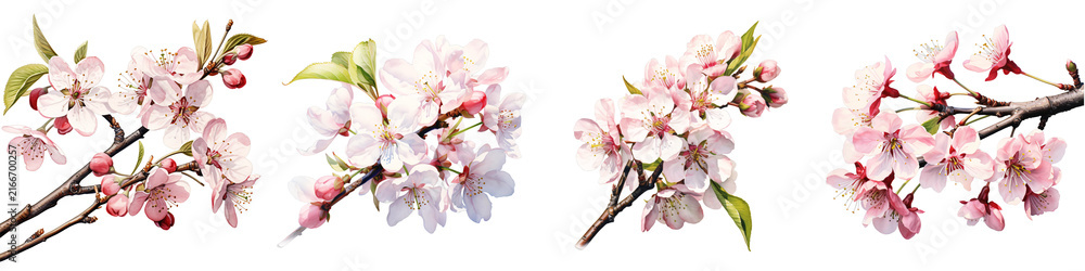 Naklejka premium Watercolor painting showcasing flowering cherry blossom branches on a black background