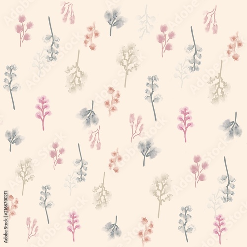 seamless pattern with flowers

Seamless pattern of soft watercolor floral branches and wild plants in pastel colors on cream background