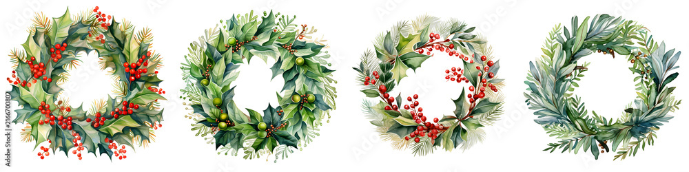 Obraz premium Watercolor illustration of four festive christmas wreaths on a black background