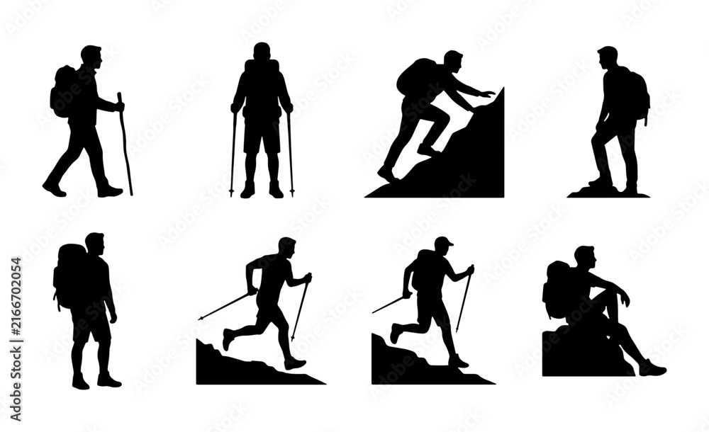 Fototapeta premium Hiking Silhouette Collection: Mountain Climbers, Trekkers, Backpackers, Outdoor Adventure Icons