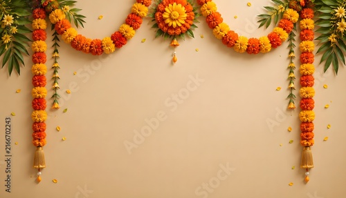Traditional indian marigold flower garland wall decoration