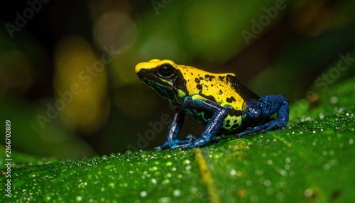 Tropical yellow and blue frog on a green leaf.