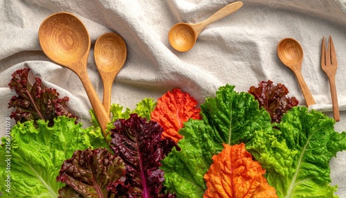 Wooden spoons with fresh lettuce leaves on linen cloth.