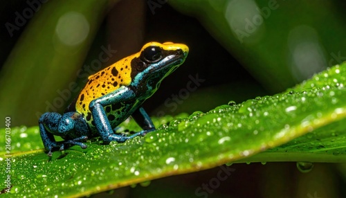 Colorful poison dart frog on a wet rainforest leaf.