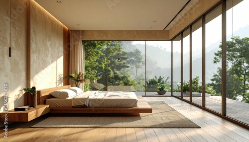 Elegant bedroom interior with warm natural wood accents.
