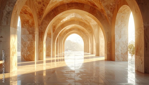 Luxury arched hallway with marble floors and sunlight.