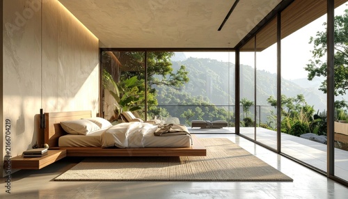 Modern interior design with serene nature scenery and bed.