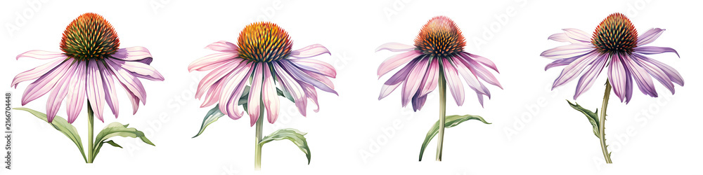 Obraz premium Four echinacea flowers in different stages of bloom on a black background