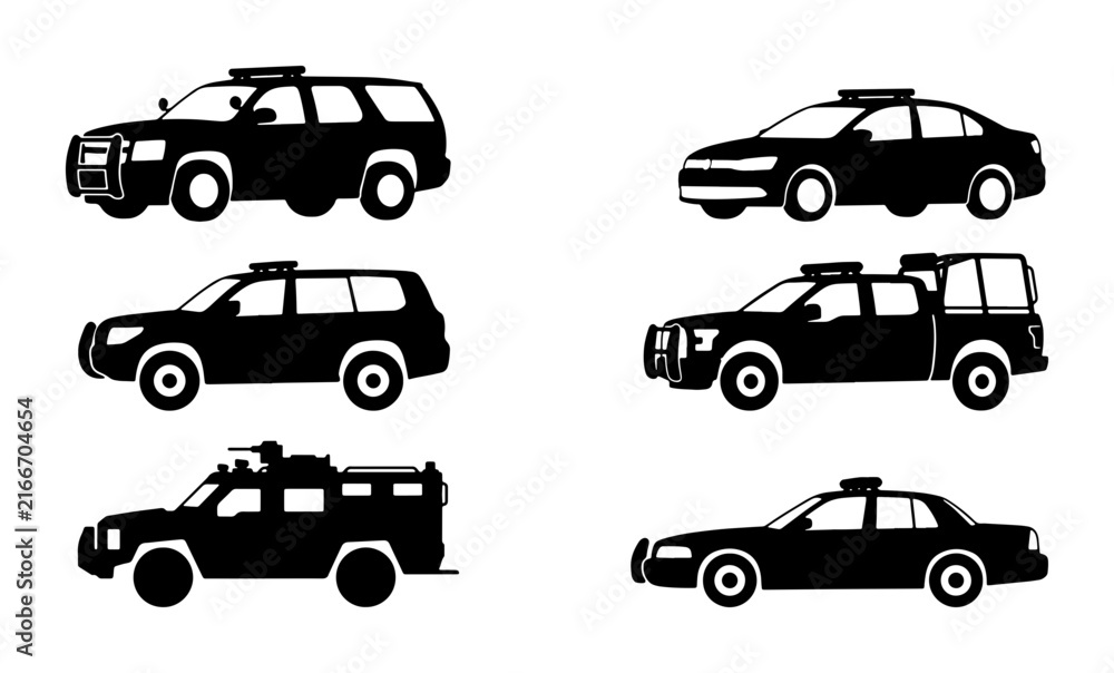 Fototapeta premium Police Vehicle Icons, Law Enforcement Cars, Patrol SUVs, Security Fleet Graphics, Emergency Transport Silhouettes