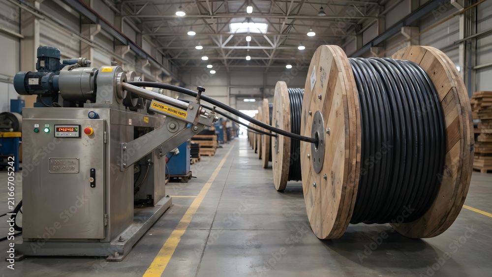 Fototapeta premium Industrial Cable Production in Warehouse Setting with Machinery