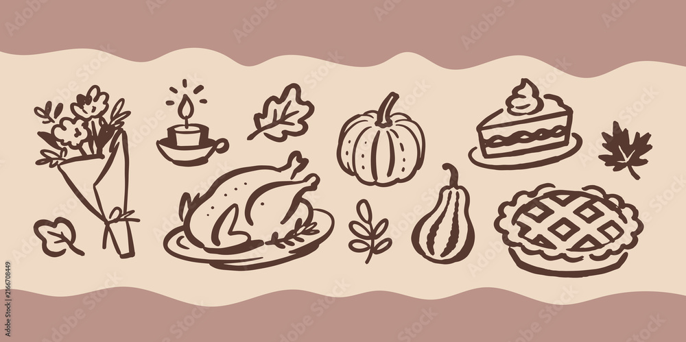 Fototapeta premium Thanksgiving Doodle Set Vector Illustration