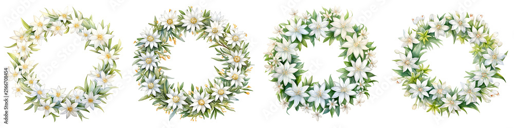 Fototapeta premium Set of four edelweiss flower wreaths watercolor illustration on black background