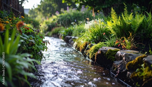 Tranquil Garden Stream Surrounded by Lush Green Ferns and Plants.