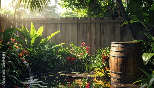Tropical garden pond with wooden barrel and lush plants.