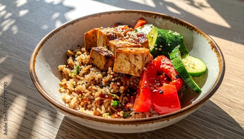 Colorful tofu and quinoa bowl with fresh vegetables.