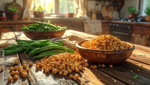 Rustic kitchen table with fresh green beans and couscous.