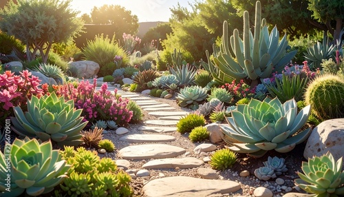 Sunlit Garden Path with Colorful Succulents and Cacti.