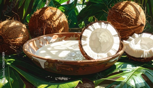 Fresh Coconut Milk in Bowl with Whole Coconuts and Tropical Leaves.