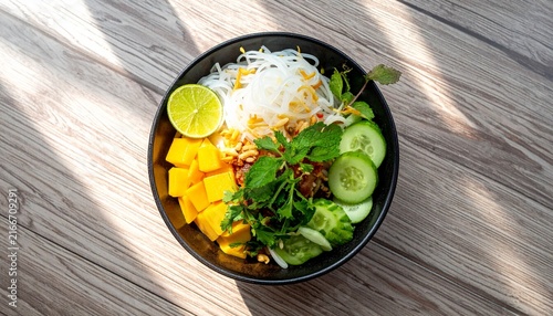 Fresh Vietnamese Rice Noodle Bowl with Vegetables and Mango.