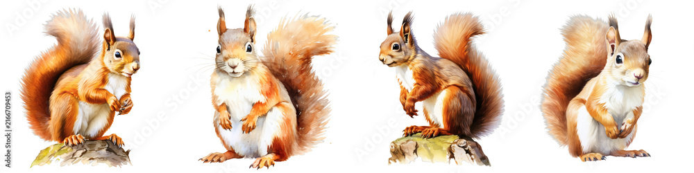 Fototapeta premium Watercolor illustration of four fluffy red squirrels with bushy tails isolated on black background