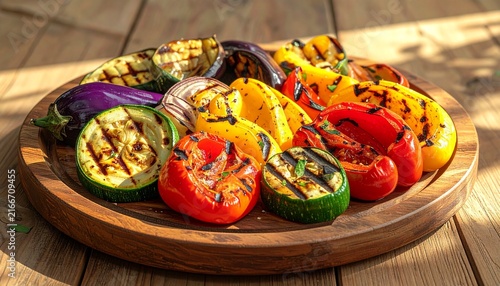 Colorful Grilled Vegetables on Wooden Platter.