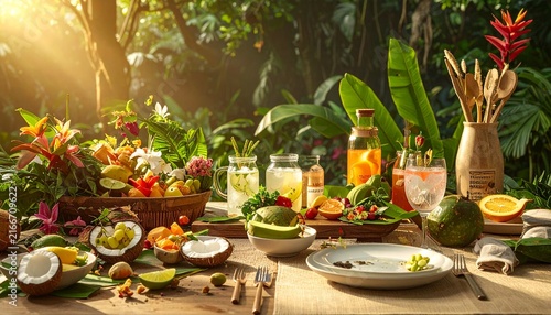 Tropical outdoor feast with fresh fruits and drinks.