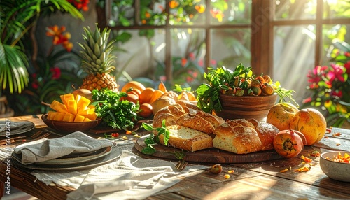 Fresh Harvest Table Setting with Autumn Produce and Bread.