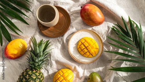 Tropical fruits and pottery on white fabric background.