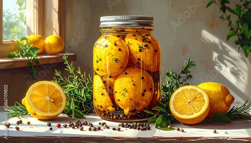 Preserved lemons in a glass jar with herbs and spices.