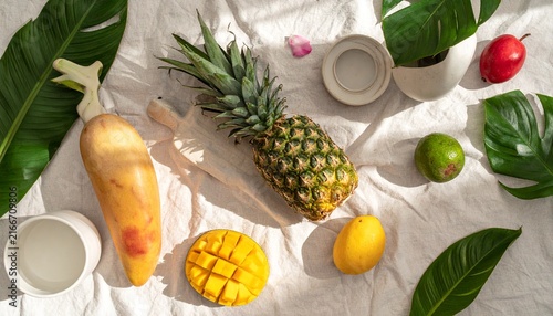 Fresh tropical fruits and leaves on white fabric background.